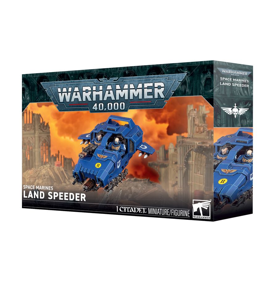 Caja de Warhammer 40,000 Land Speeder de los Marines Espaciales, con la ilustración del vehículo azul en combate.
