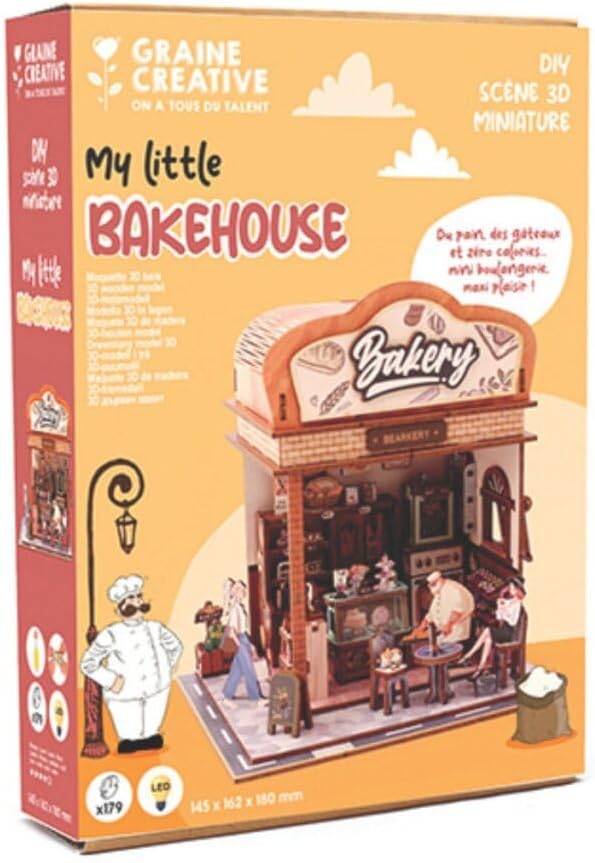 Caja de la maqueta de madera 3D Bakehouse de Graine Creative, con imagen de la panadería en miniatura con luz LED