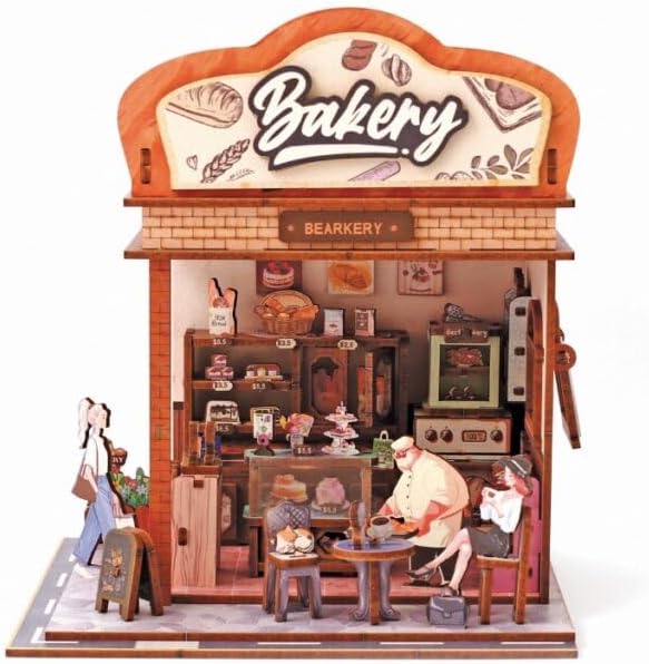 Caja de la maqueta de madera 3D Bakehouse de Graine Creative, con imagen de la panadería en miniatura con luz LED