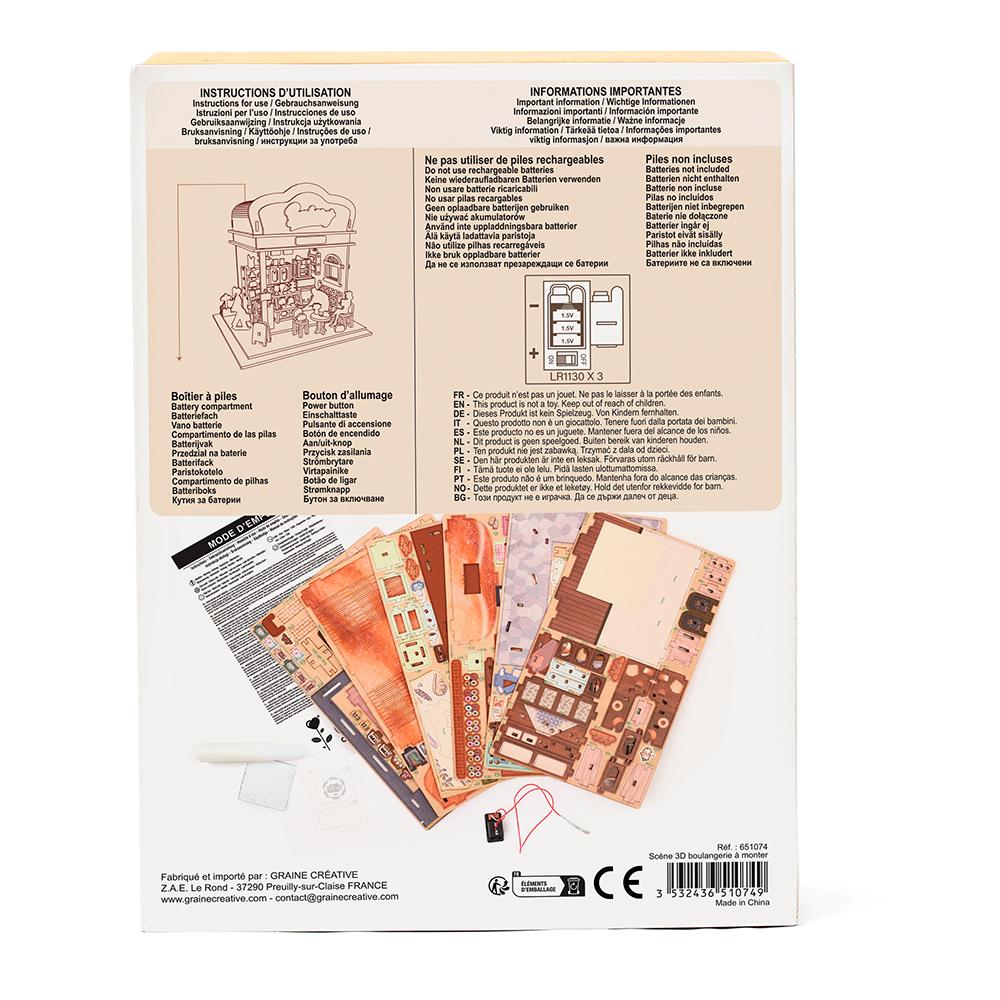 Reverso de la caja de la maqueta Bakehouse de Graine Creative, con instrucciones de iluminación y esquema de pilas LR1130.