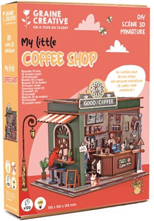 Caja de la maqueta de madera 3D Coffee Shop de Graine Creative, con cafetería en miniatura y luz LED.