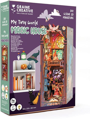 Caja de la maqueta Magic House con luz LED de Graine Créative, con casa mágica en miniatura y ejemplo entre libros.