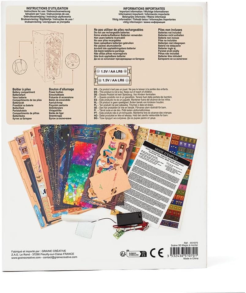 Reverso de la caja Magic House de Graine Créative, con instrucciones de las pilas y presentación de las piezas del kit.