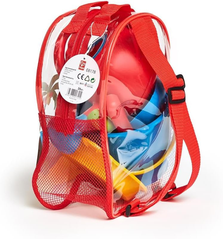 Mochila de playa Hape con cubo, regadera y accesorios para juego sensorial y aire libre - Educar Jugando -E8178 - set completo