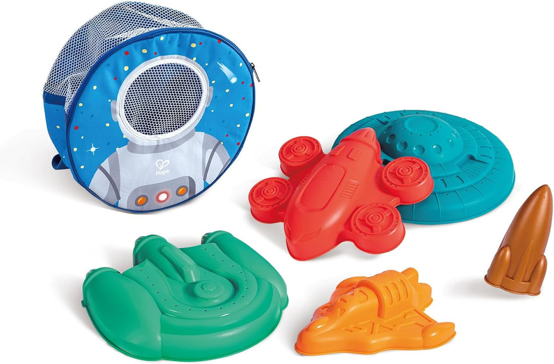 Mochila de playa Hape con moldes de naves espaciales y cohetes para juego sensorial y motricidad - Educar Jugando - E4100 - set completo