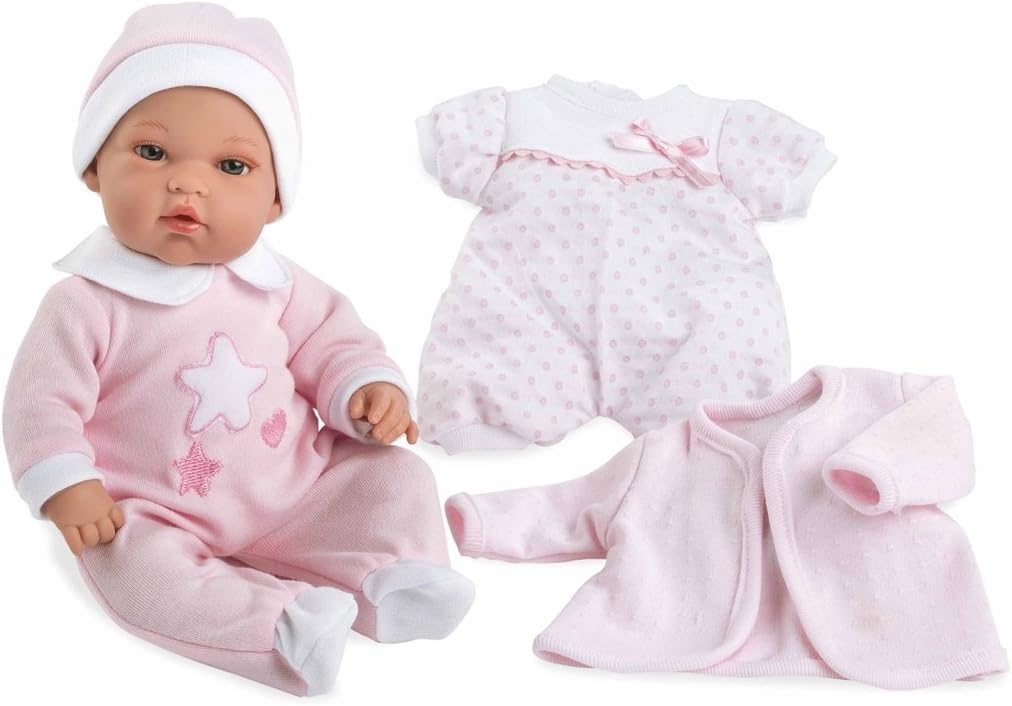 Muñeca Arias Elegance Natal Trousseau 33 cm con mecanismo de lloro y conjunto rosa - vista frontal

