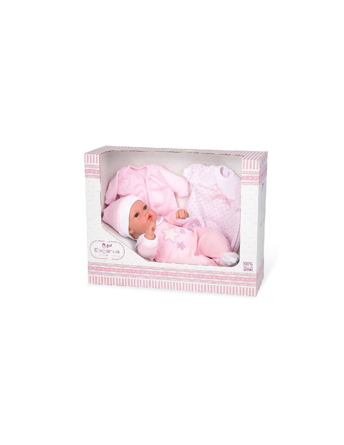 Muñeca Arias Elegance Natal Trousseau 33 cm - detalle conjunto rosa y accesorios