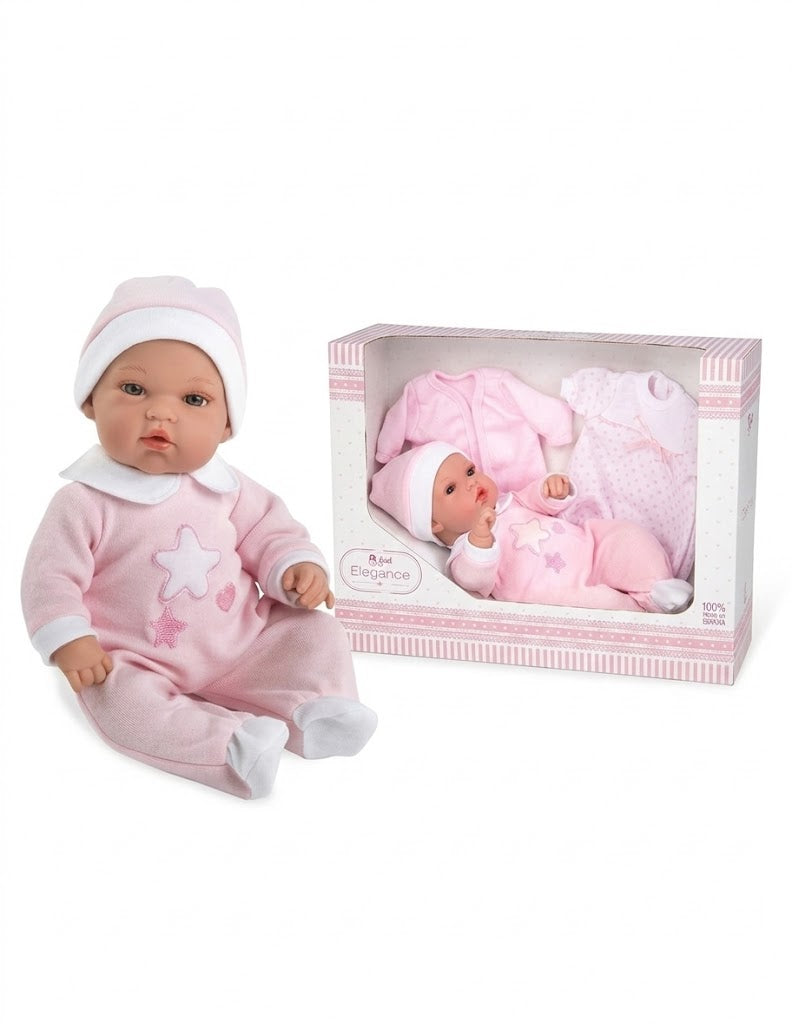 Muñeca Arias Elegance Natal Trousseau 33 cm - vista lateral con trousseau completo