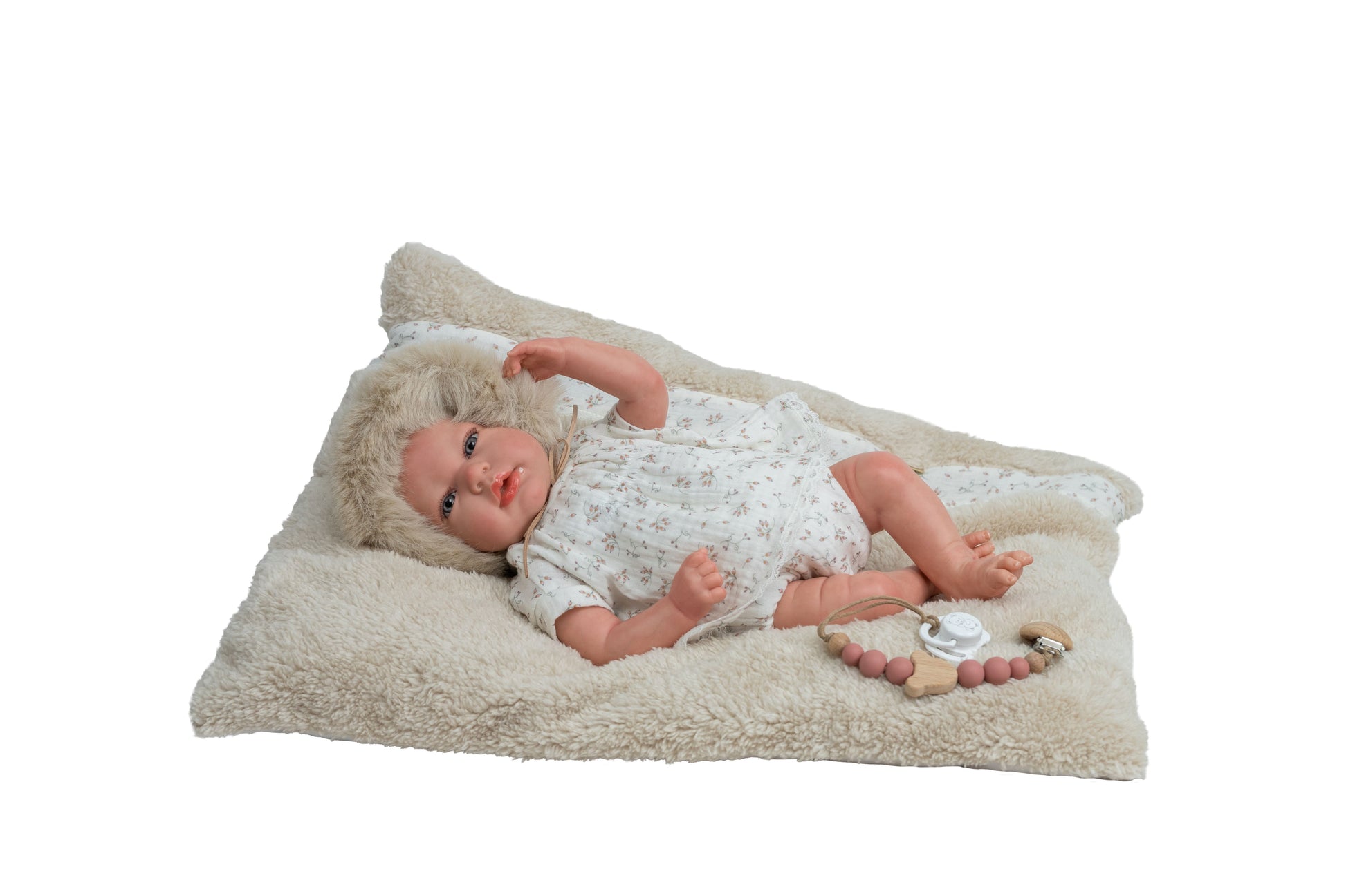 Muñeca Reborn Arias Isabella beige 40 cm con cojín de pelo a juego