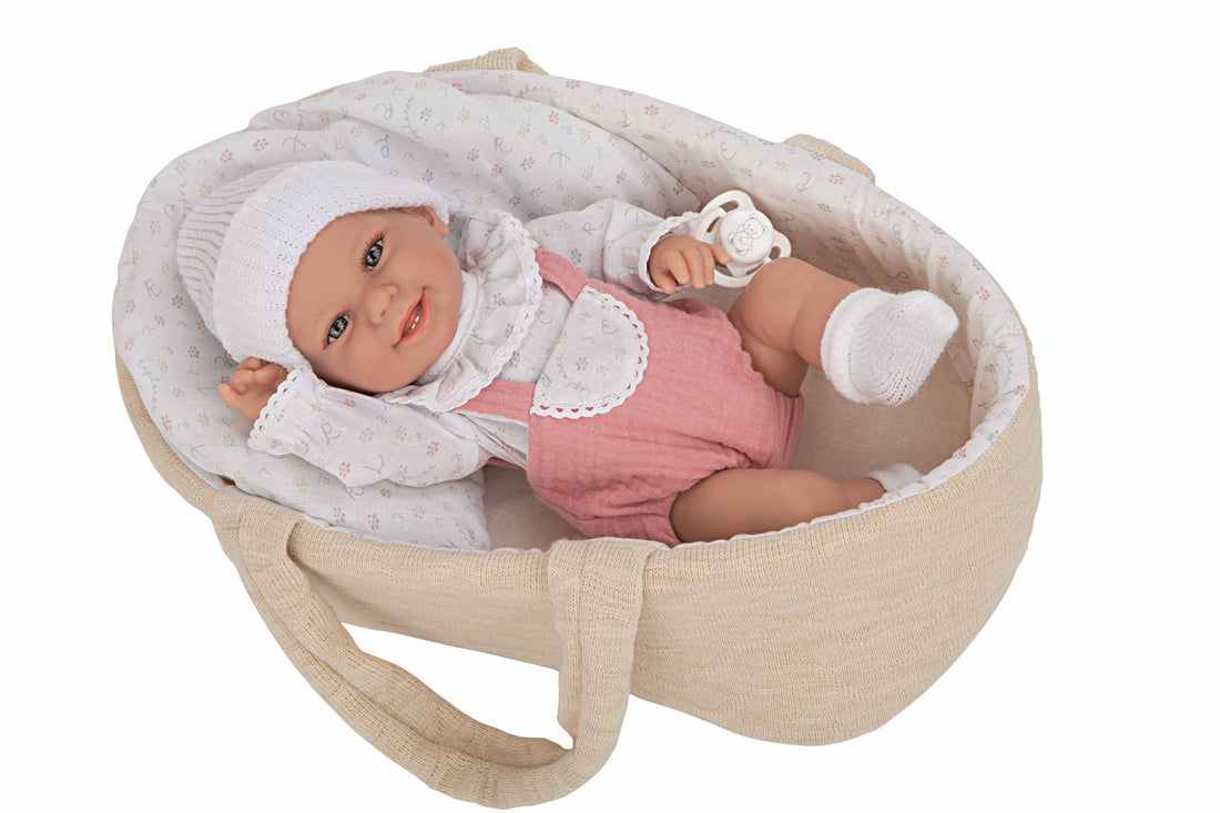 Muñeco Babyto Elegance de 35 cm de vinilo con aroma a vainilla, capazo rosa y blanco y chupete - Educar Jugando