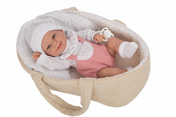 Muñeco Babyto Elegance de 35 cm de vinilo con aroma a vainilla, capazo rosa y blanco y chupete - Educar