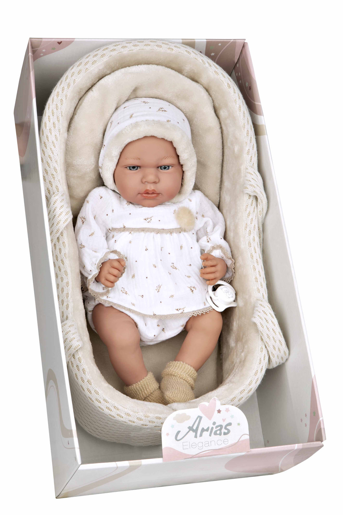 Muñeca bebé Andie de Arias 40 cm con capazo beige, cuerpo blando y mecanismo de lloro - Educar Jugando - Arias 60803