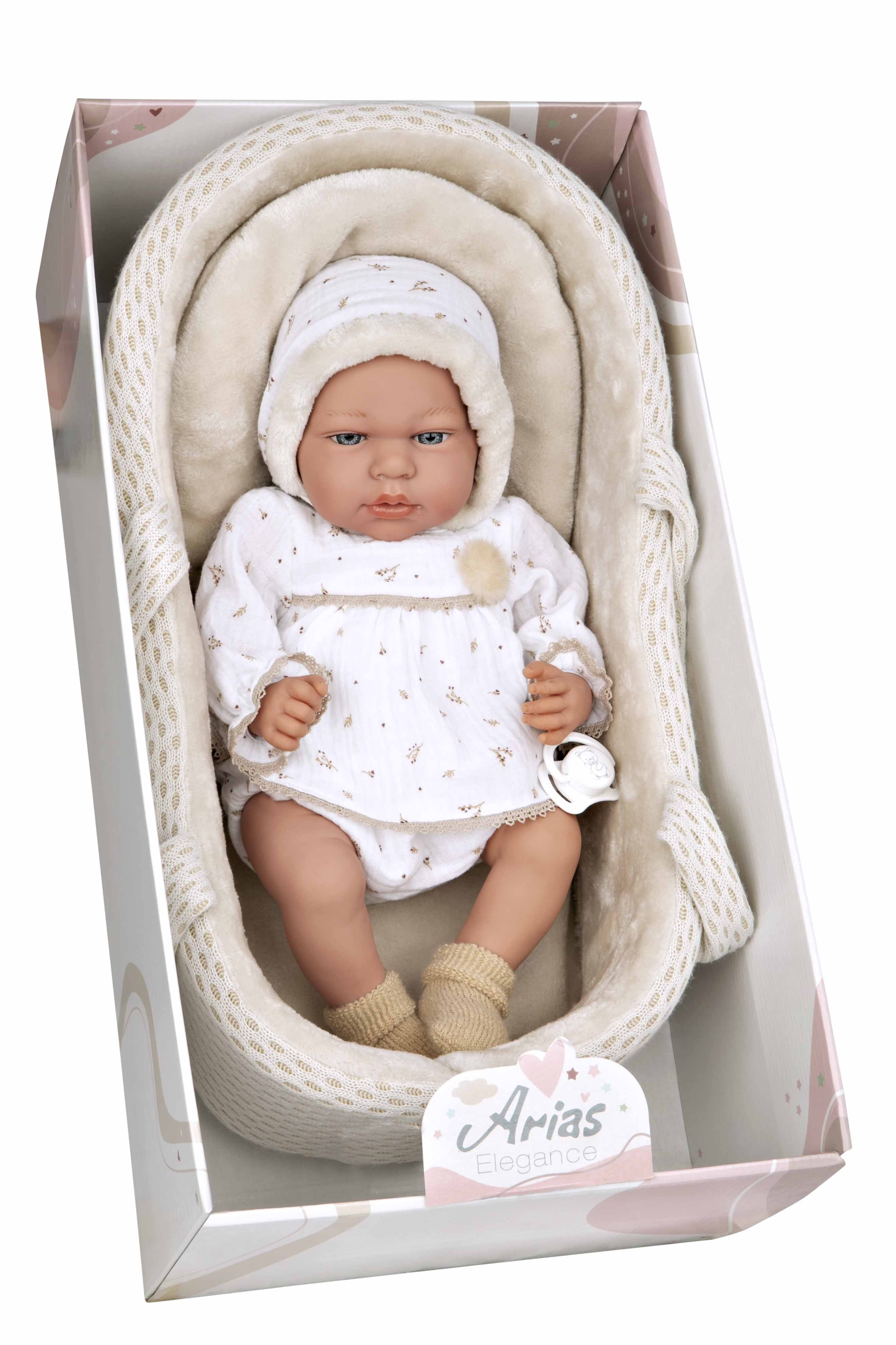 Muñeca bebé Andie de Arias 40 cm con capazo beige, cuerpo blando y mecanismo de lloro - Educar Jugando - Arias 60803