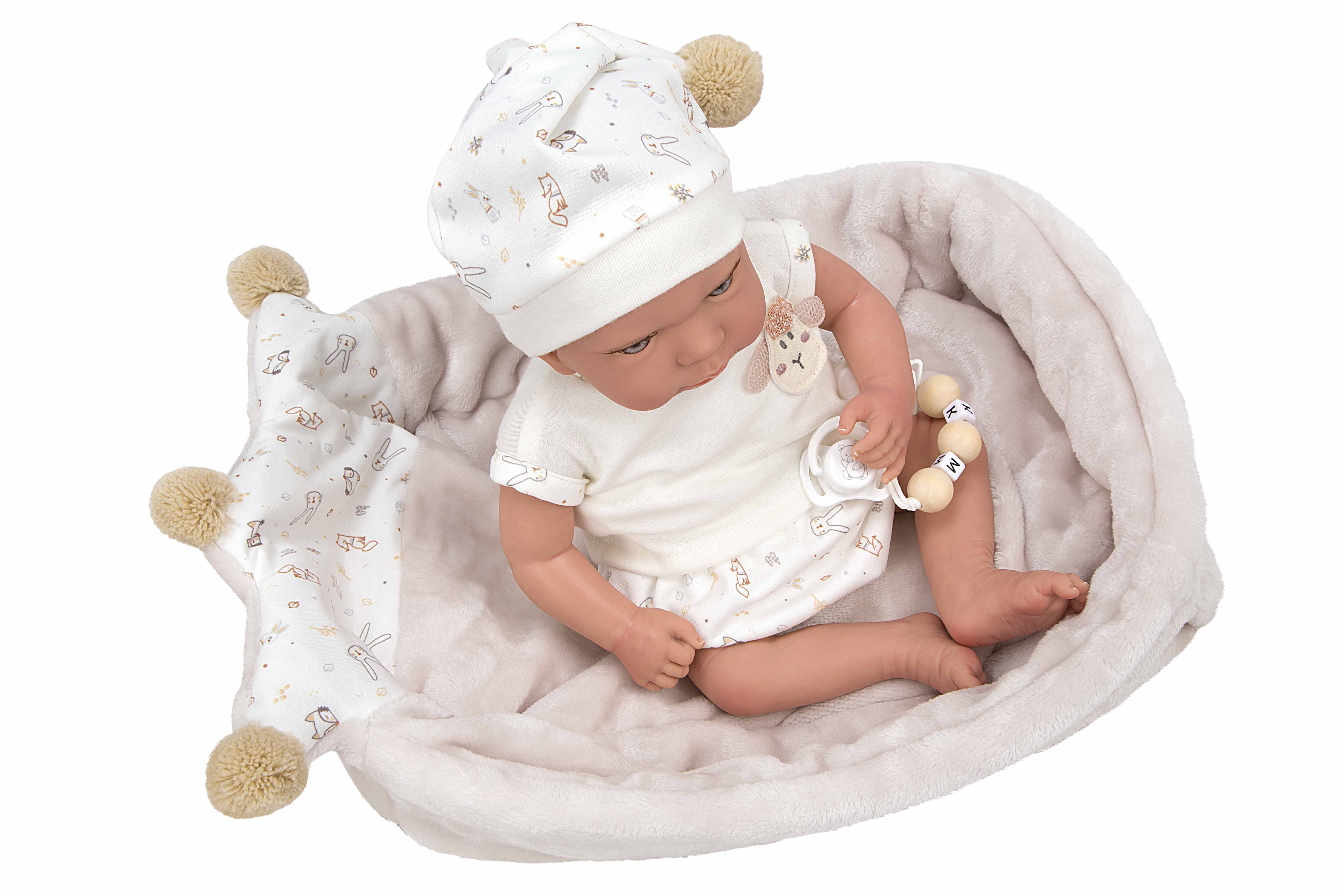 Muñeca Reborn Luna Arias 40 cm con manta nido en tonos rosa