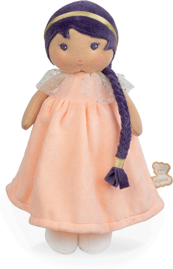 Muñeca de tela bebé Iris Kaloo Tendresse 25cm vista frontal vestido melocotón