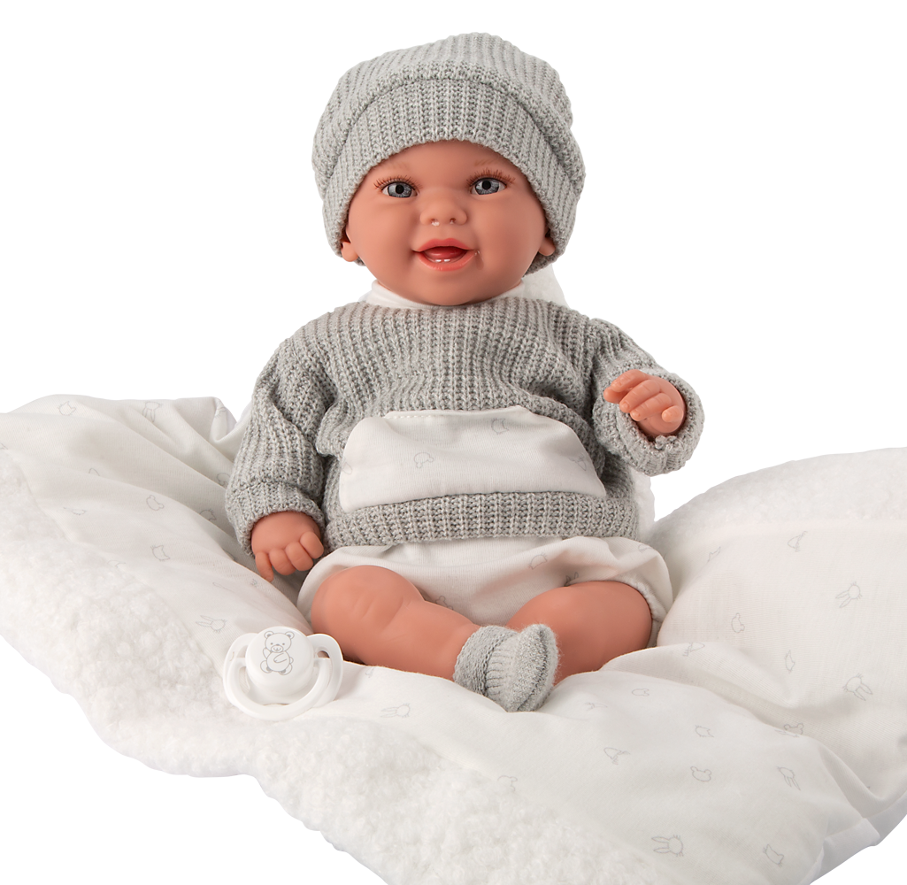 Muñeco Babyto Elegance de 35 cm con peso realista, chupete y cojín en tonos gris - Educar Jugando - Arias 60875