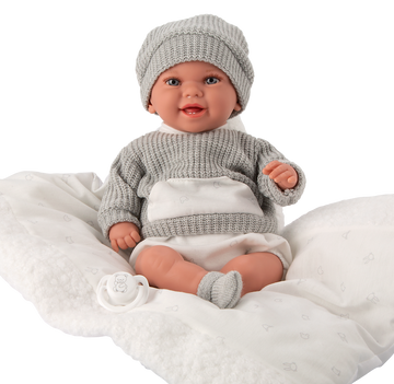 Muñeco bebé con peso realista Arias Elegance Babyto 35 cm en gris y blanco, sentado sobre cojín incluido – Educar Jugando
