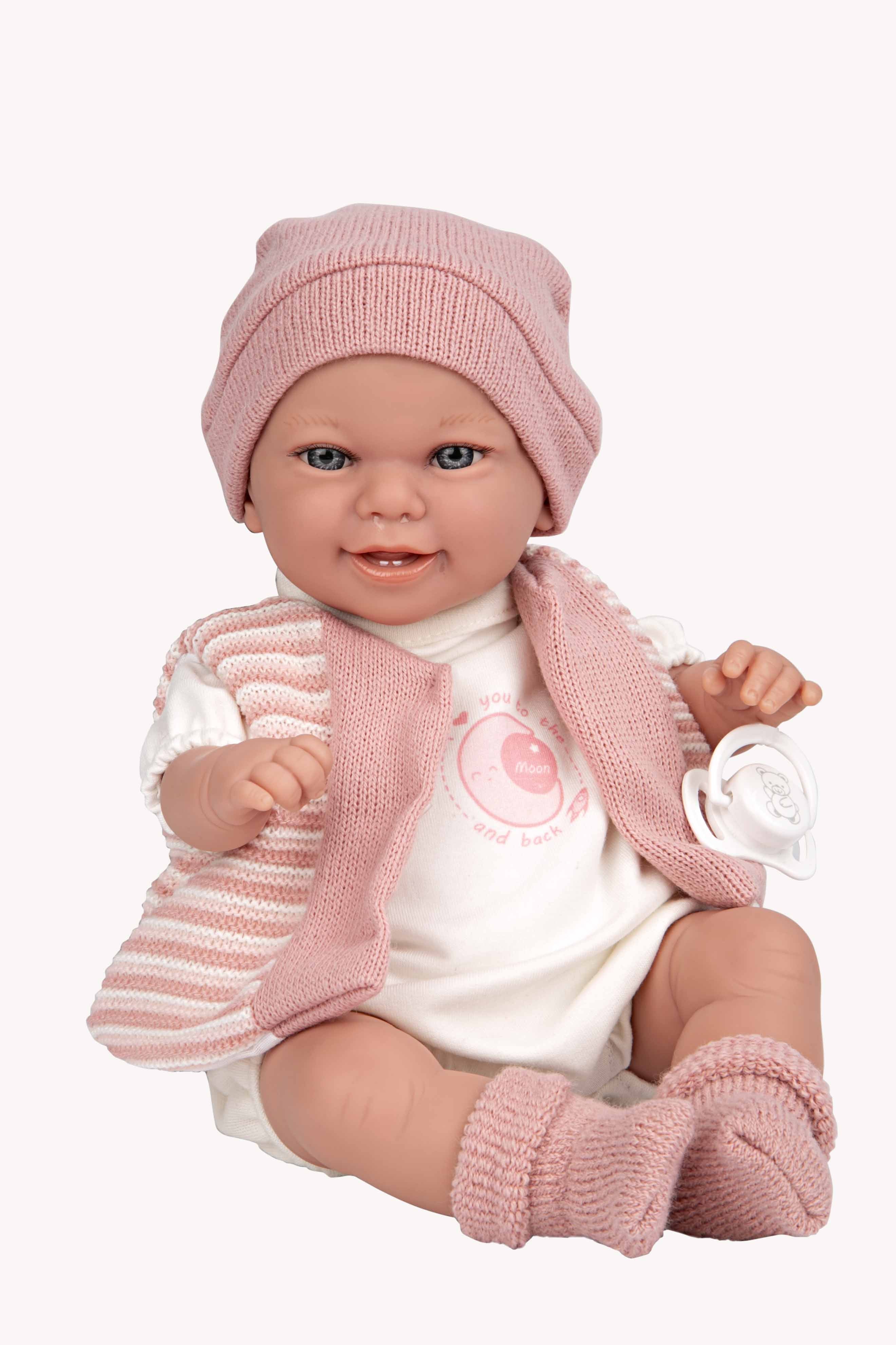 Muñeco Babyto Elegance de 35 cm con mecanismo de risa, conjunto de lana rosa y aroma a vainilla - Educar Jugando - Arias 60795