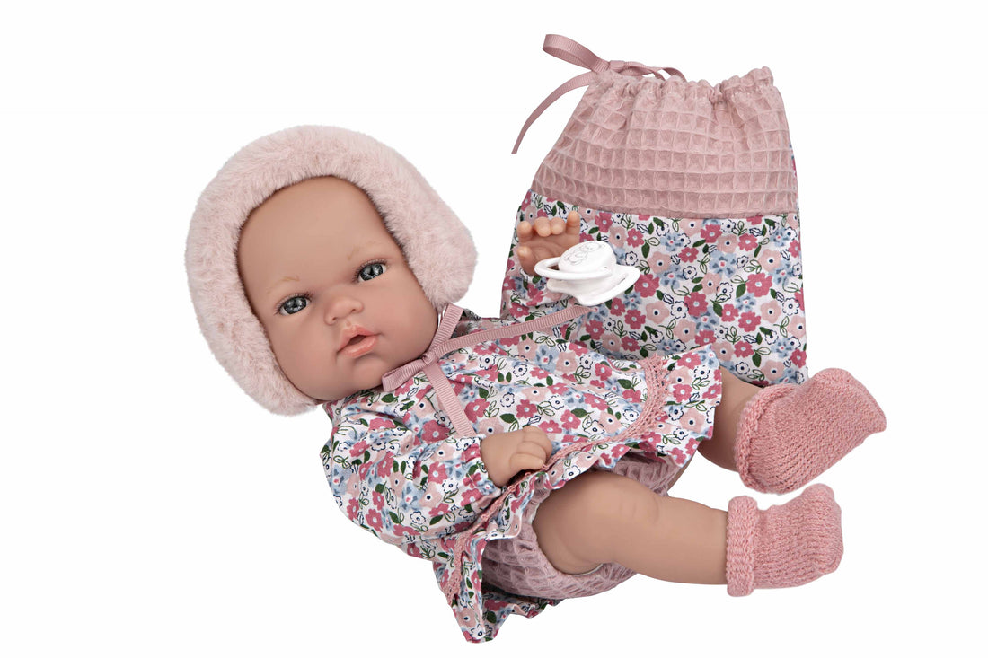 Muñeco recién nacido Elegance Natal de 30 cm de vinilo con aroma a vainilla, bolsa multiusos y chupete - Educar Jugando