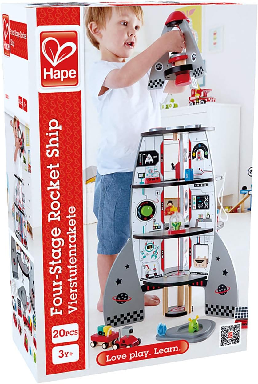 Caja del cohete espacial de madera HAPE E3021, juguete con 20 piezas para niños +3 años