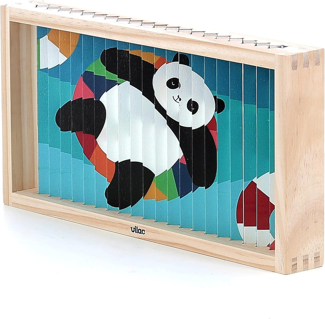 Puzzle de madera Vilac con 20 palos ilustrados en 4 caras y soporte de madera.