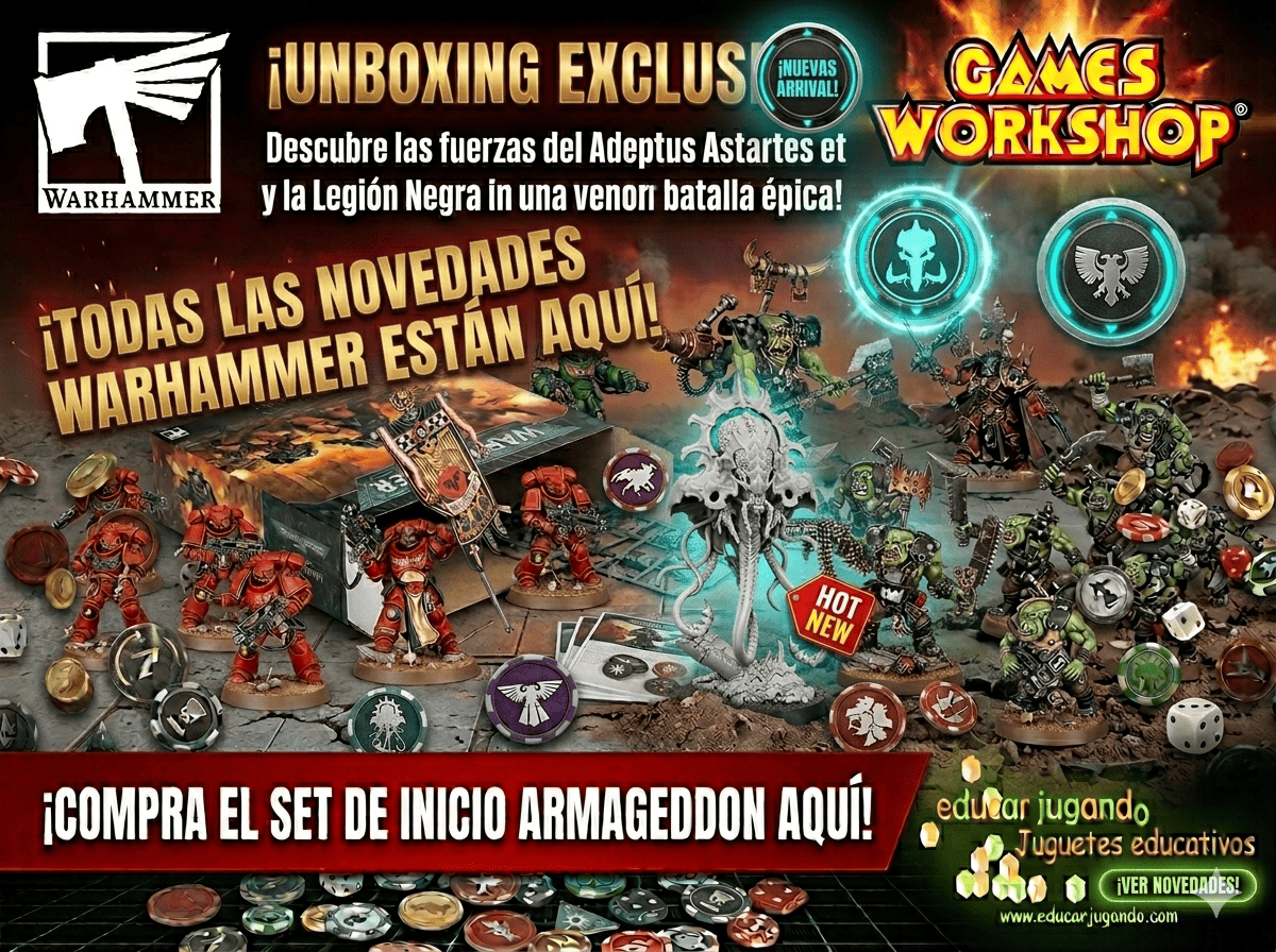 Preventa del set de inicio Warhammer 40000 Armageddon en Educar Jugando. Imagen promocional de Games Workshop con la caja del juego, dados, tokens y miniaturas de Space Marines, Legión Negra y Orkos. Texto inferior: ¡Compra el set de inicio Armageddon aquí! en educarjugando.com.