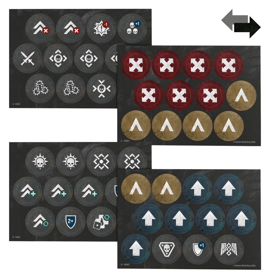 Marcadores de doble cara del Pack de mando Space Marines Warhammer 40.000, con símbolos para las partidas.