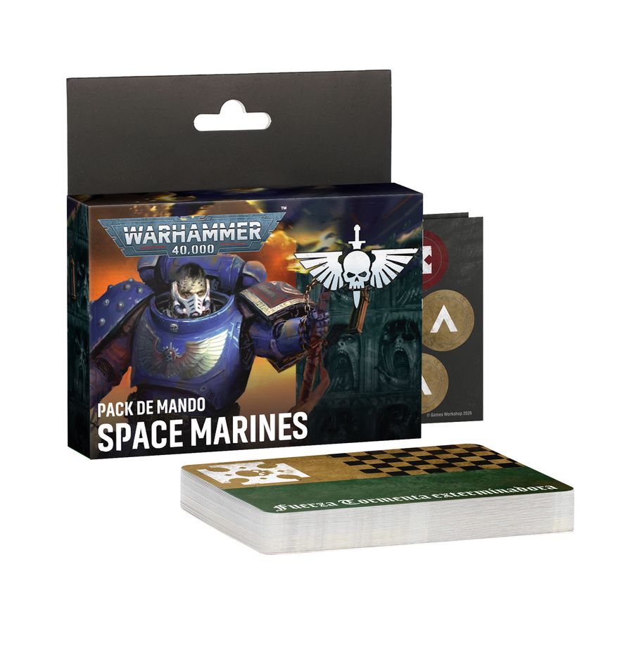 Pack de mando Space Marines Warhammer 40.000, con la caja y tarjetas de referencia mostradas delante.