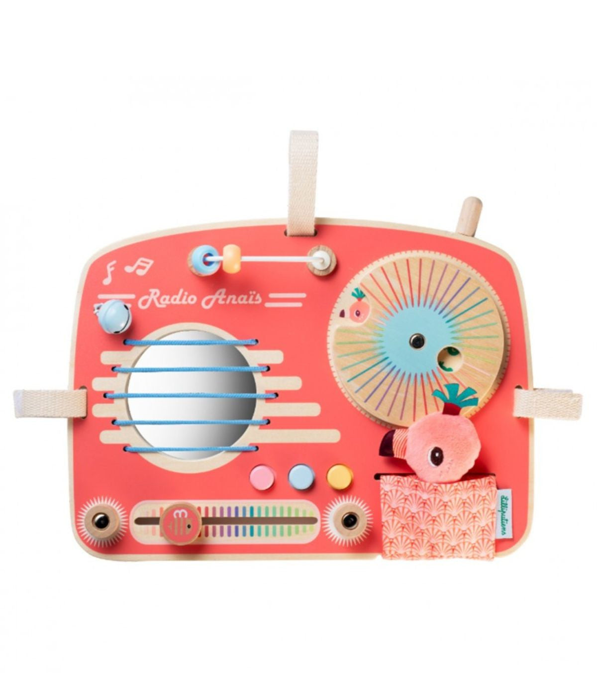 Radio Anaïs de Lilliputiens, panel de actividades rojo con disco circular, cuerdas y personaje de tela.