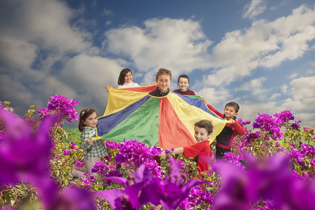 Juego de paracaídas pedagógico multicolor para niños en actividades al aire libre y psicomotricidad de educarjugando.com