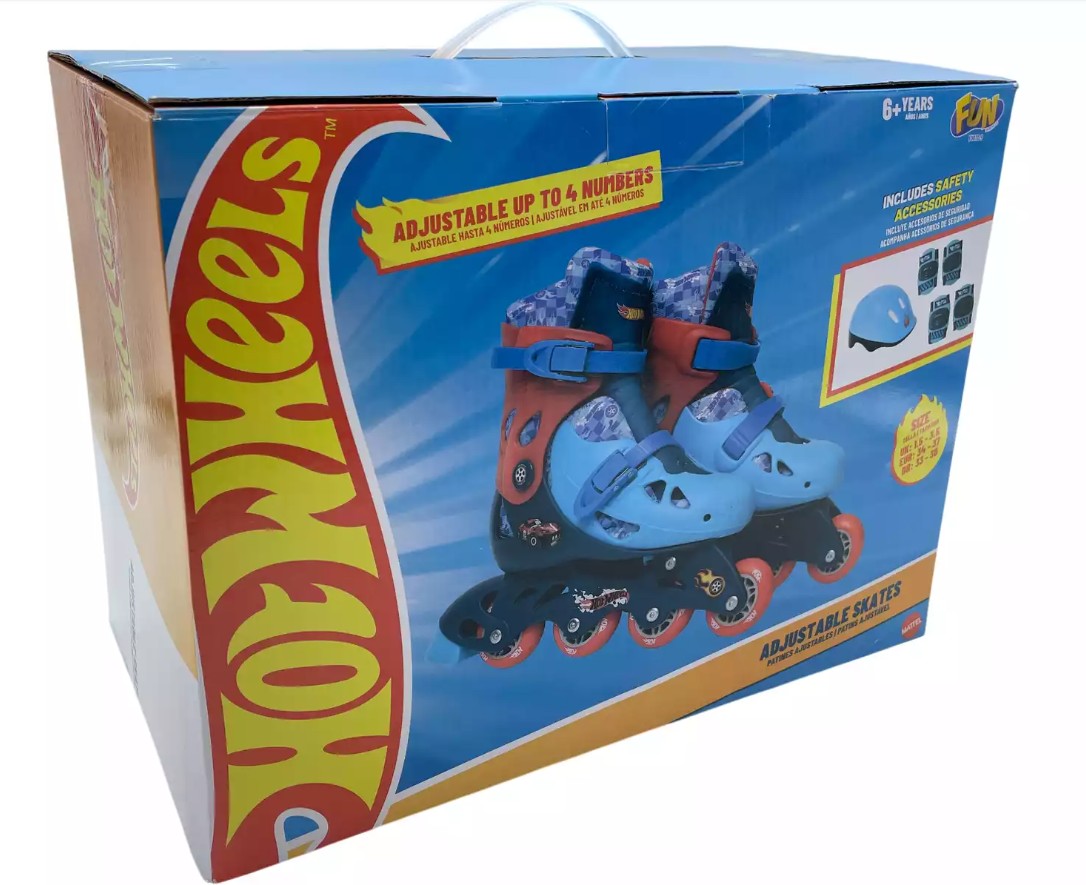 Caja del pack de patines Hot Wheels ajustables de Mattel con el diseño del producto y su embalaje original.