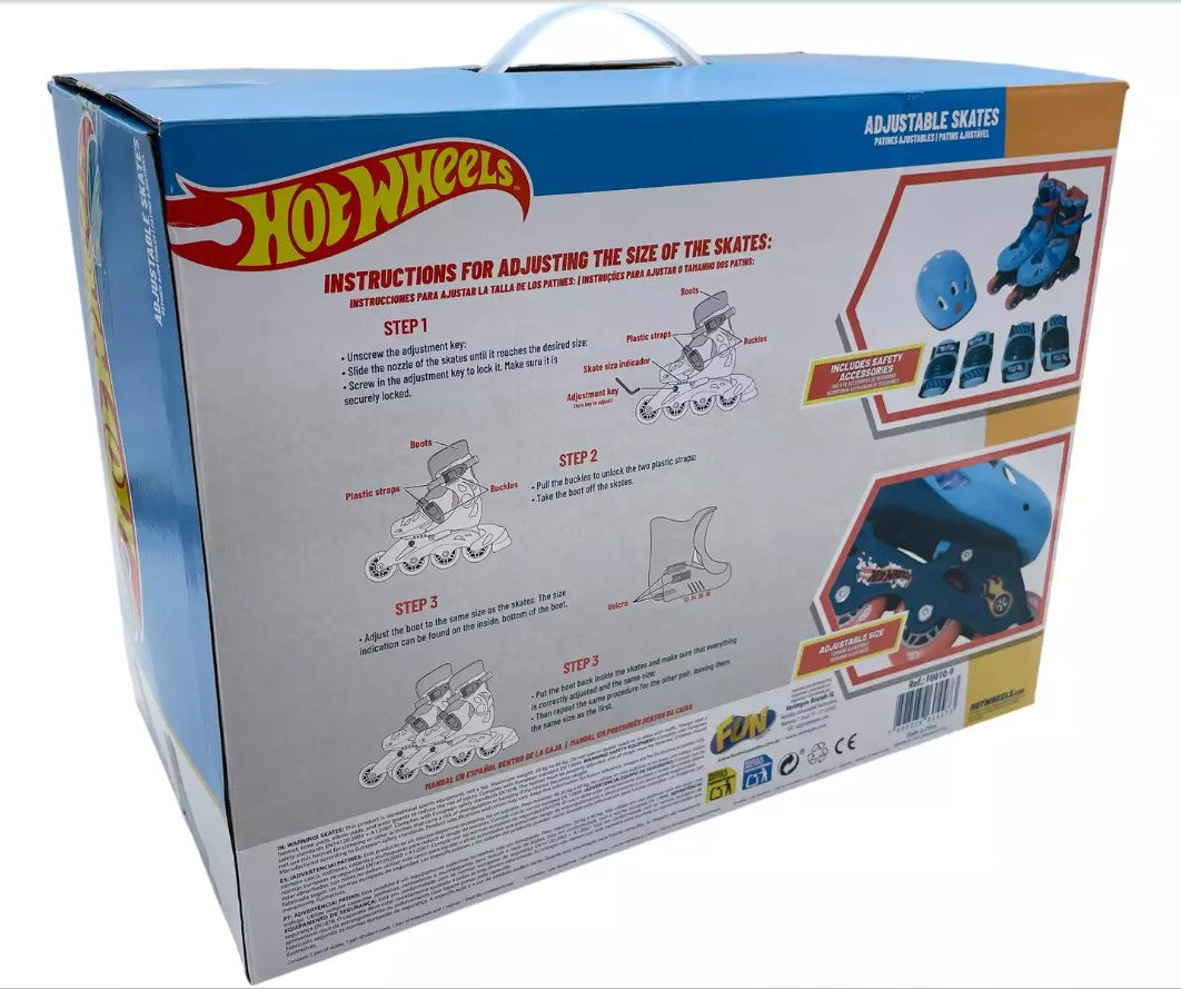 Parte trasera del embalaje de los patines Hot Wheels ajustables de Mattel con información del producto.