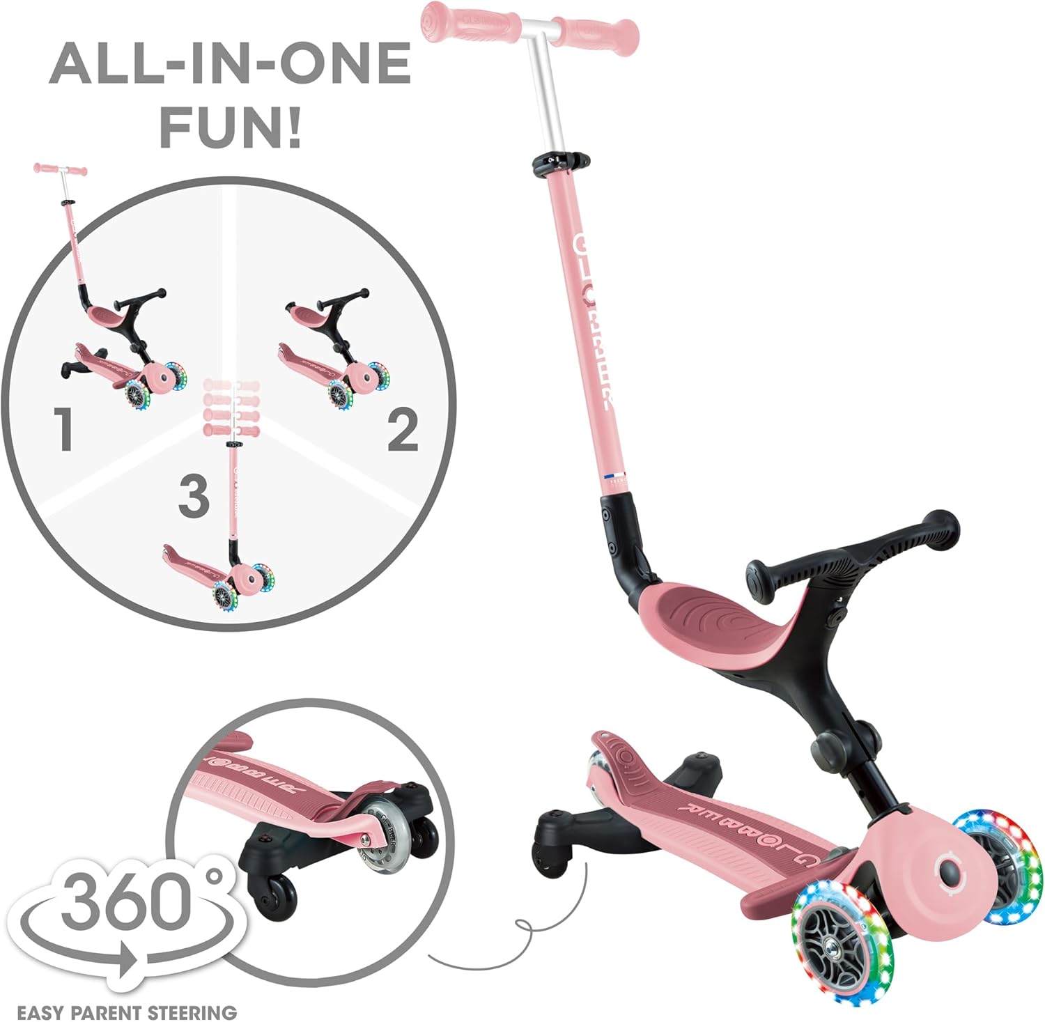 Patinete 3 en 1 Globber Go Up Active Lights 360° Rosa transformación correpasillos bicicleta patinete