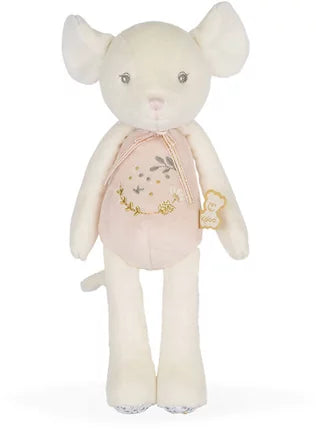 Detalle peluche ratón rosa Kaloo bordados florales detalles dorados juguete bebé