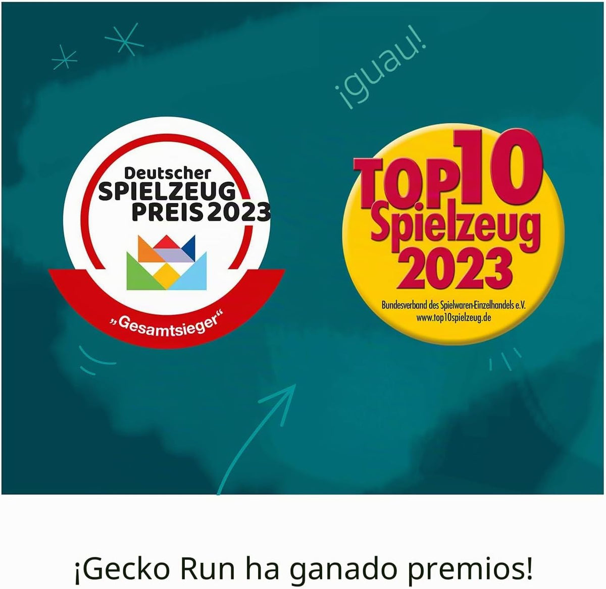 Sellos Deutscher Spielzeug Preis 2023 y Top 10 Spielzeug 2023 en una imagen promocional de Gecko Run de Kosmos.⠋