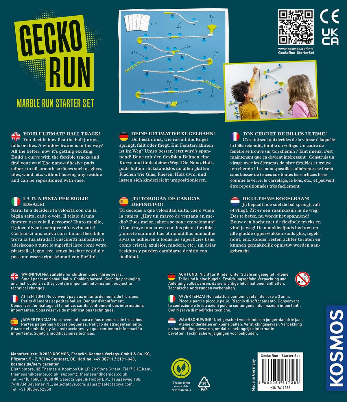 Parte trasera de la caja Gecko Run Starter de Kosmos, con esquema del contenido, ejemplo de montaje y advertencias.
