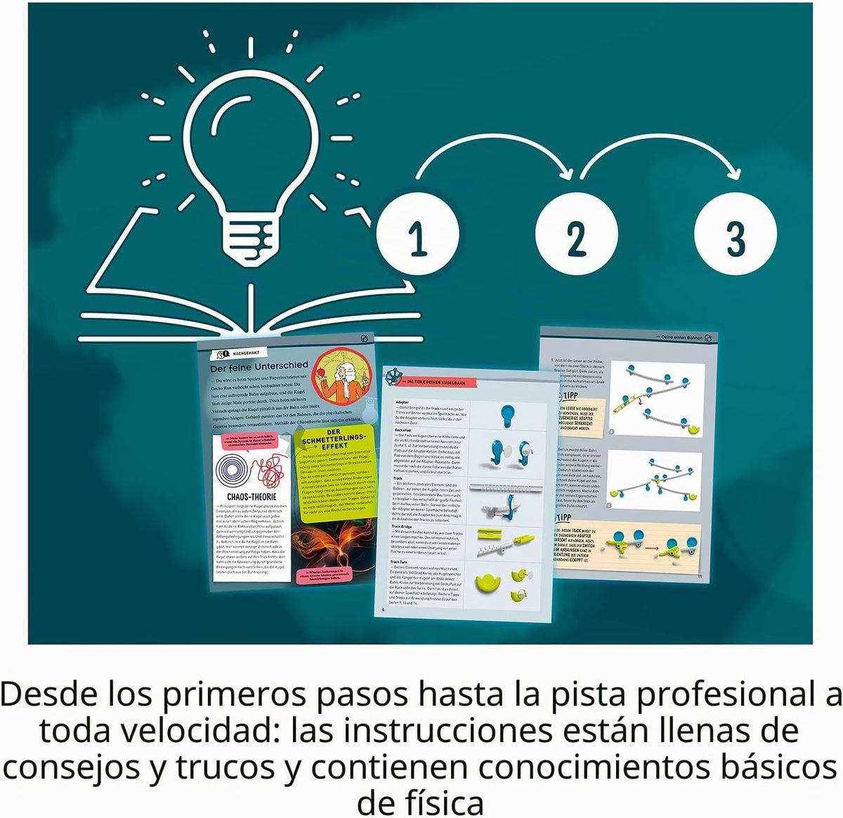 Páginas de las instrucciones de Gecko Run Starter de Kosmos, con ilustraciones de montaje y ejemplos de circuitos de canicas.