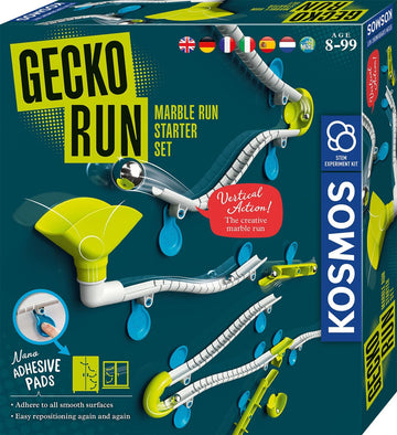 Caja del circuito de canicas Gecko Run Starter de Kosmos, con pistas blancas, soportes azules y accesorios amarillos.

