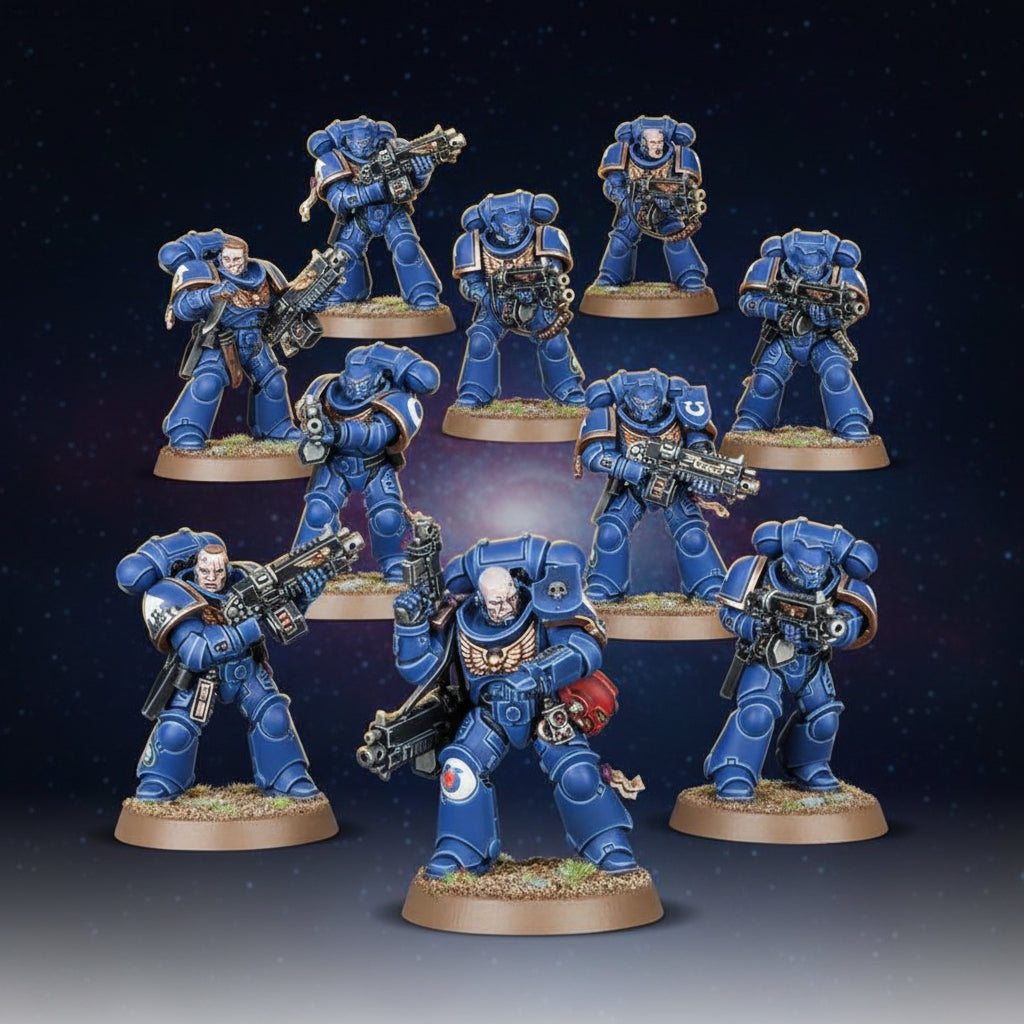 Escuadra de 10 miniaturas Primaris Intercessors de los Space Marines de Warhammer 40k montadas y pintadas en azul, listas para jugar. Caja en stock en España.