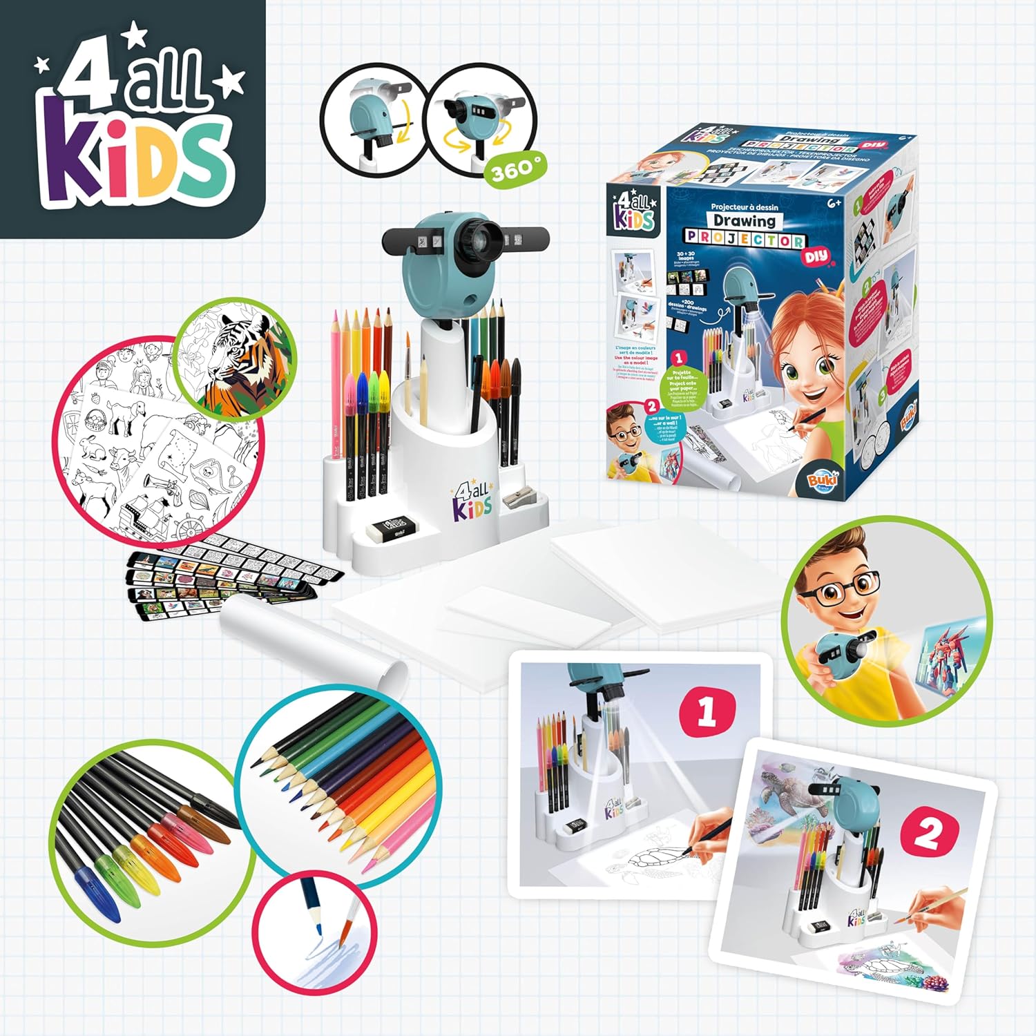Caja del proyector de dibujos con accesorios Buki 4 All Kids FK004 para niños +6 años