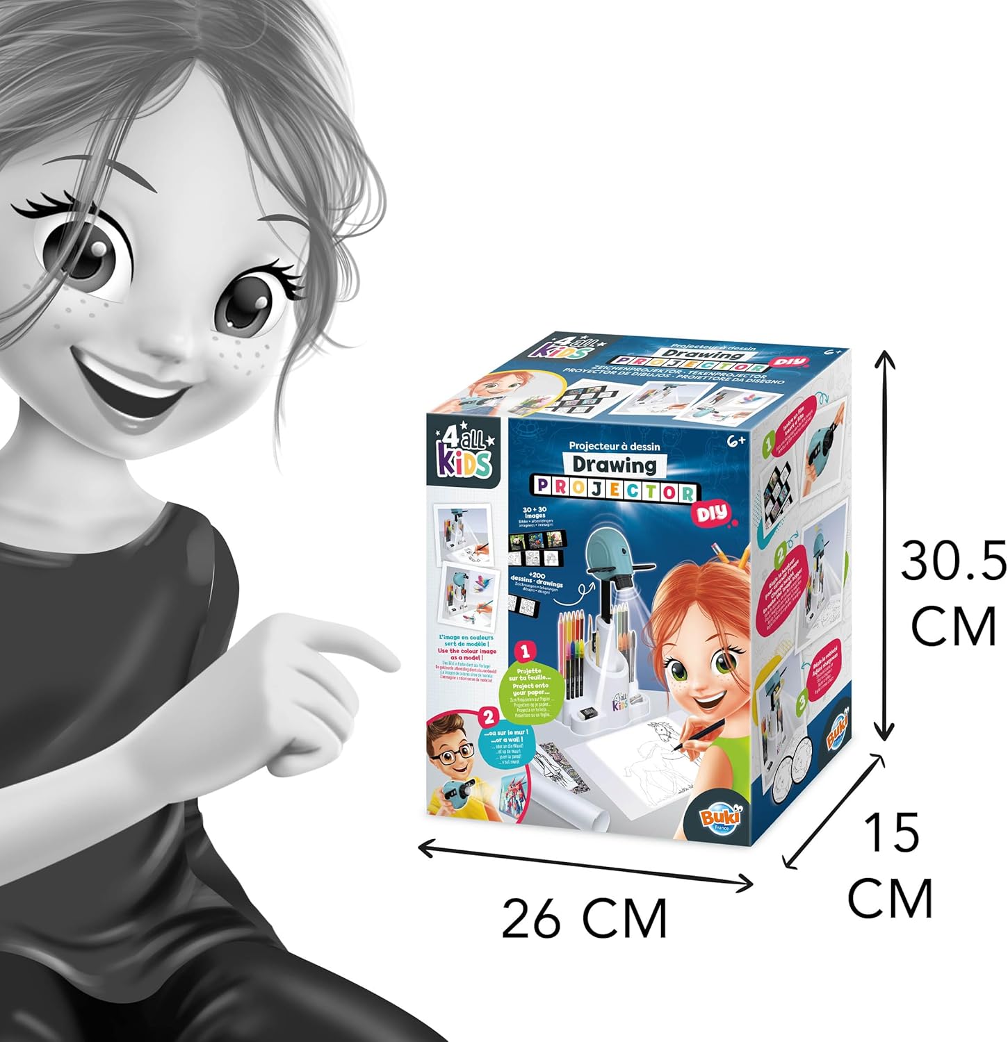 Proyector Buki 4 All Kids en uso sobre mesa - proyección en blanco y negro sobre papel A4