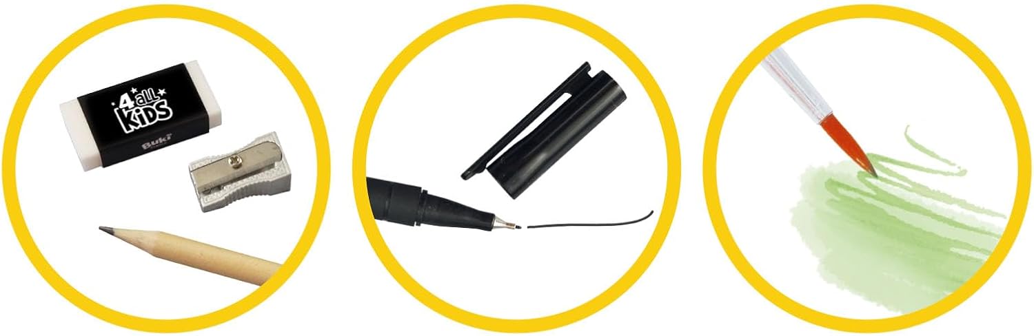 Accesorios incluidos en el set Buki FK004 - goma de borrar, sacapuntas y pincel