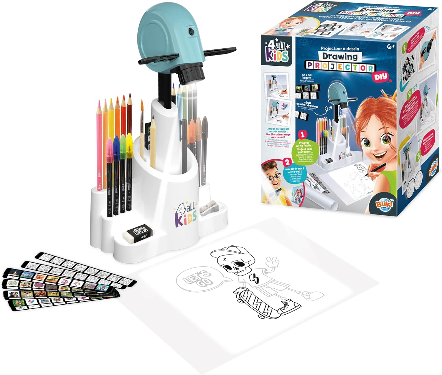 Proyector de dibujos con accesorios Buki 4 All Kids FK004 - set completo con lápices y hojas