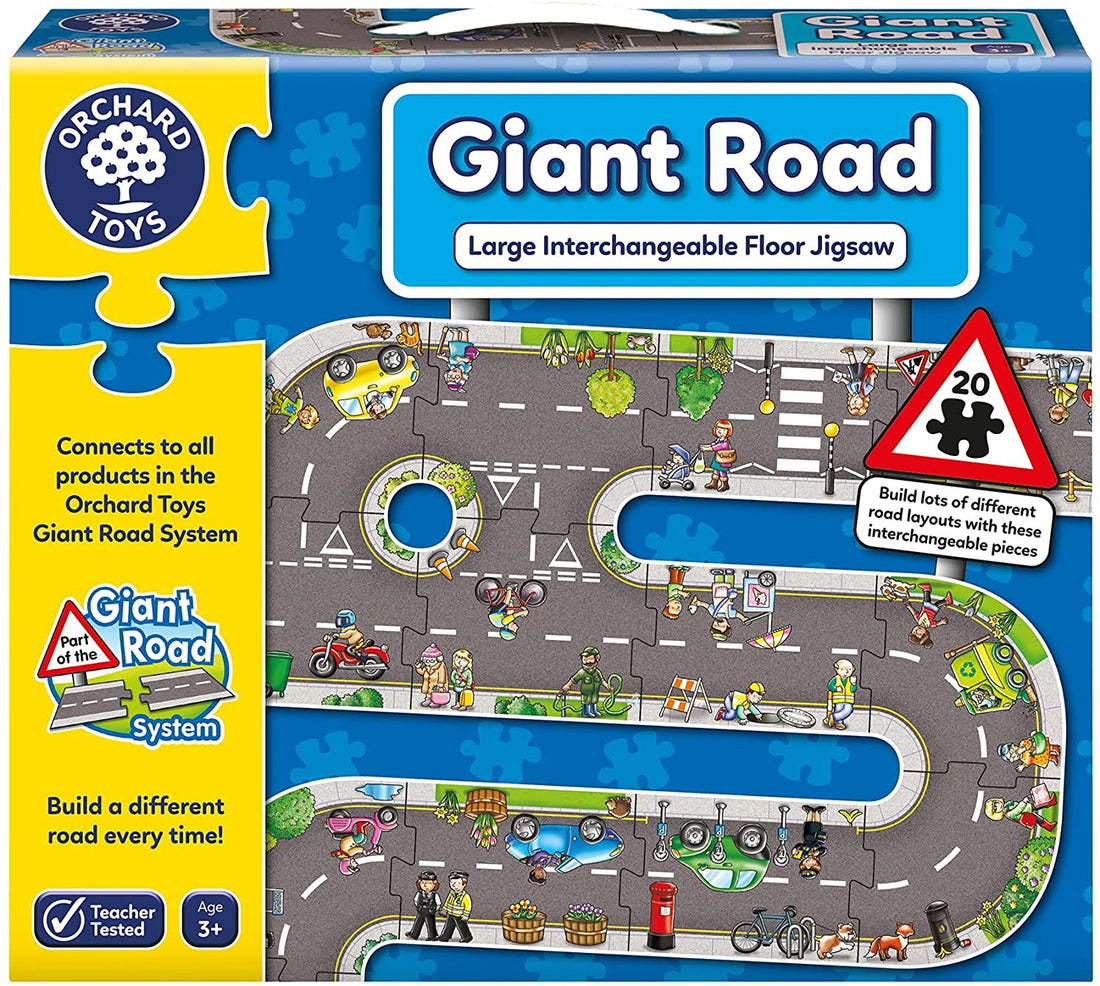 Caja del puzle gigante de carreteras de Orchard Toys con 20 piezas intercambiables para construir circuitos - Educar Jugando