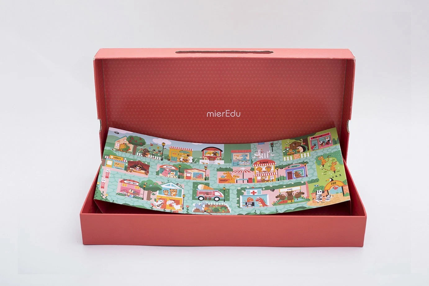 Caja abierta del Puzle Ciudad Laberinto de Dedos Mieredu ME064 mostrando póster interior y piezas - puzle educativo 12 piezas niños 2 años