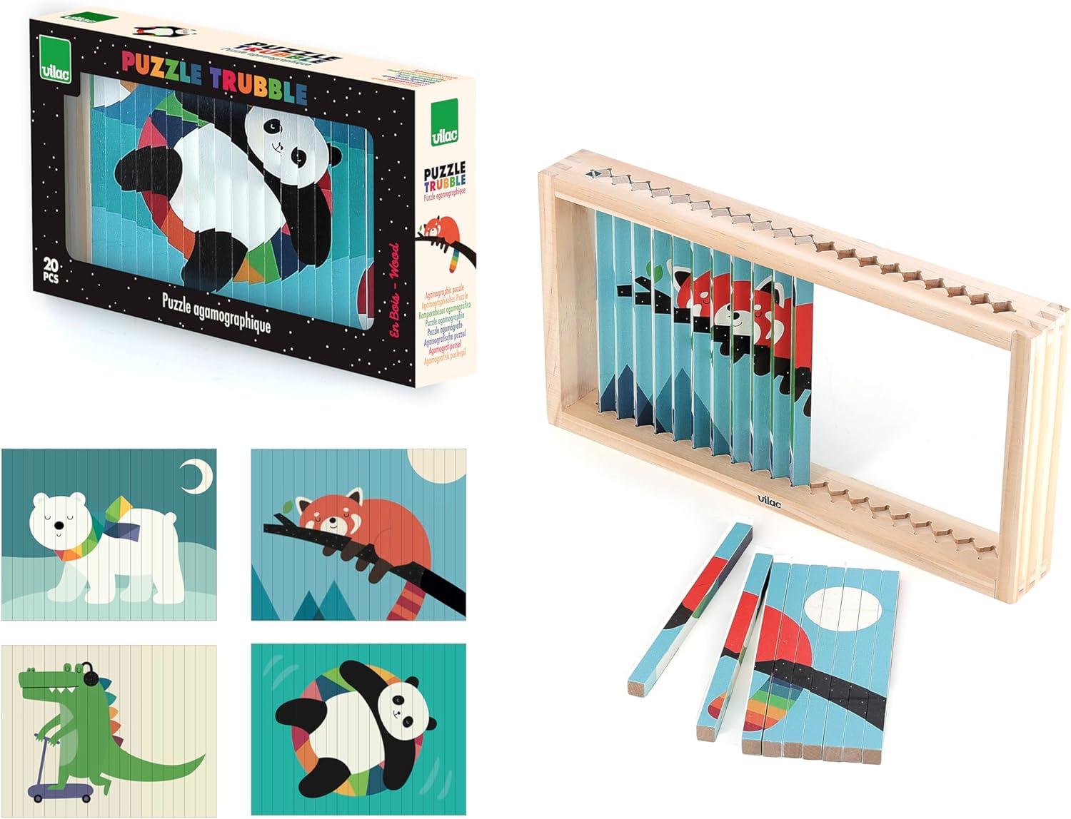 Puzzle de madera Vilac con 20 palos ilustrados en 4 caras y soporte de madera.