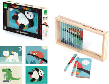 Puzzle de madera Vilac con 20 palos ilustrados en 4 caras y soporte de madera.