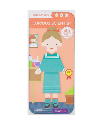 Puzle magnético Científico Curioso de mierEdu, caja con personaje inspirado en Marie Curie y vestido turquesa.
