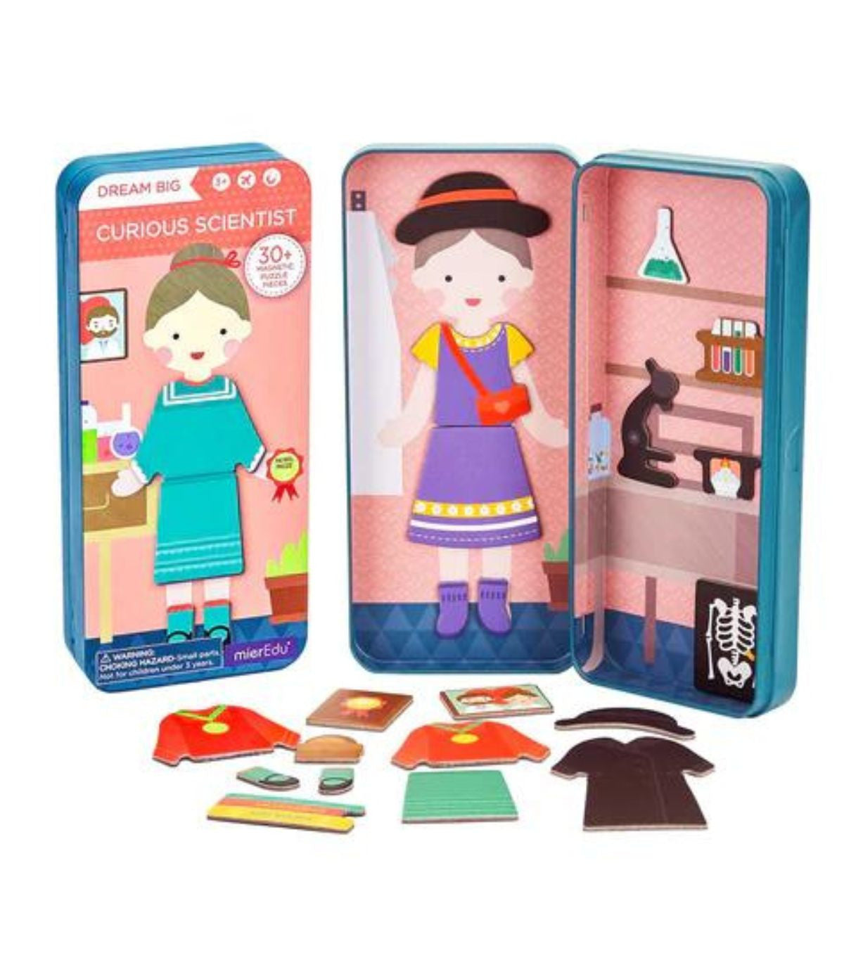 Puzle magnético Científico Curioso de mierEdu, caja abierta con escena de laboratorio y piezas de ropa y accesorios.