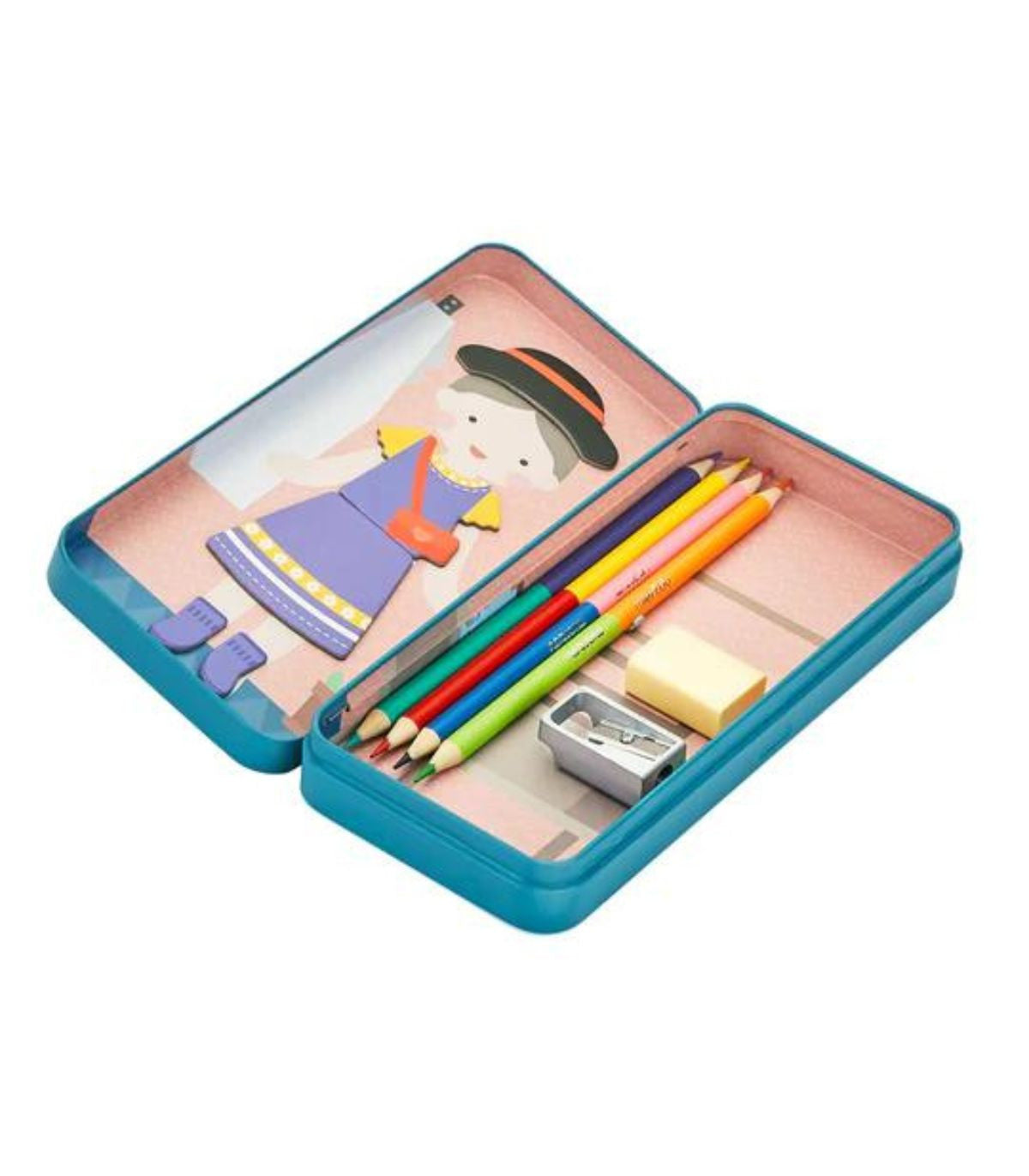 Caja del puzle magnético Científico Curioso de mierEdu utilizada como estuche con lápices, goma y sacapuntas.